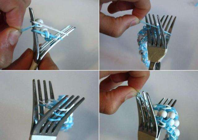 بعد ذلك ، ابدأ في التخلص من الأشرطة المرنة السفلية مرة أخرى وضع العنصر بخرز