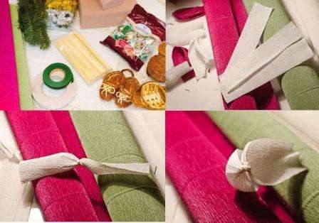 من الورق المموج ، تحتاج إلى قطع ثلاثة شرائح بطول 14 سم وعرض 4 سم ، وعلى مسافة 1 سم ، تحتاج إلى ثني الشريط مرة واحدة كاملة. اطوِ كل شريط من المنتصف.