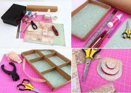 Dette er en af ​​de enkle mesterklasser, der hjælper dig med at mestre det grundlæggende i scrapbooking. Du skal bruge scrapbookingpapir eller almindeligt tapet, saks, en lineal, en papkasse, lim, en hulning, dobbeltsidet tape, farvet papir.