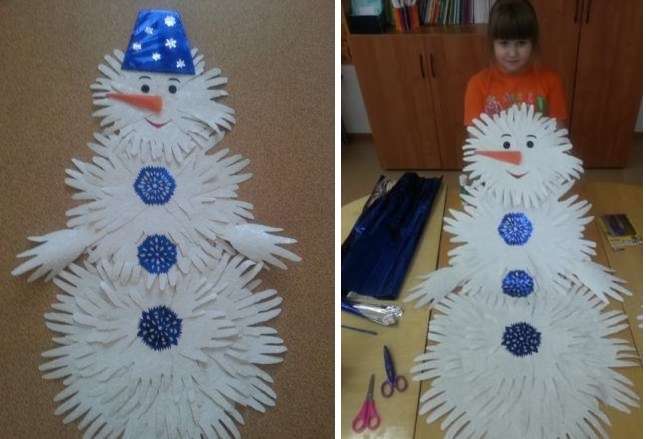 Tällaisen käsityön tärkein etu on, että sen valmistukseen voi osallistua useita lapsia kerralla. Kämmenten pitäisi olla paljon, joten jokaisella niistä on mahdollisuus kiertää kahva useita kertoja. Lumiukkoa ei tarvitse tehdä vain valkoisesta paperista. Kokeile sinisiä toimistopapereita.