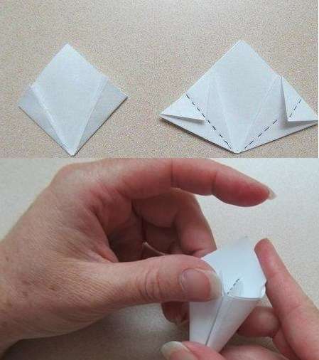 Potom musia byť rovnaké rohy ohnuté na polovicu, aby sa získali trojuholníky vyčnievajúce za obrys kosoštvorca. Tieto trojuholníky je potrebné ohnúť tak, aby nevyčnievali za kosoštvorec.