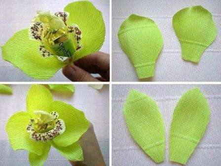 الآن ، على ورق مموج أصفر ، قم بقطع البتلات الأخرى (شكلين دائريين كبيرين وثلاثة أشكال ممدودة). اربط كل هذه البتلات حول الحلوى. الآن يمكنك البدء في التزيين. عند قاعدة الزهرة