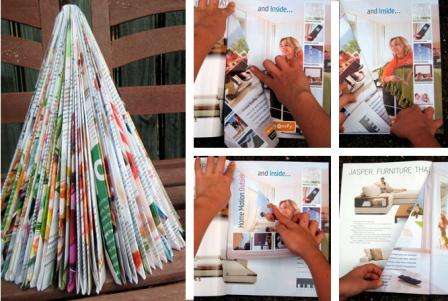 Muotoile kartongista kartio ja kiinnitä se liimalla. Leikkaa samankokoiset ympyrät tai kukat lehden sivuilta