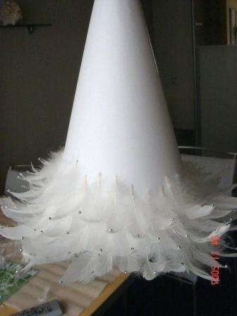 Joulukuusen runko valmistetaan erikseen. Tätä varten pahvi- tai paksu paperiarkki on rullattava kartioon ja liimattu. Jotta tällainen kehys ei kääntyisi, voit liimata paperi- tai kangasnauhan alaosaan sisäpuolelta. Puun pohjan tulee kuivua hyvin. Ole varovainen, jos höyhenet ovat valkoisia, sinun on maalattava kartio valkoisella maalilla niin, että pinta on tasainen.