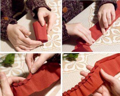 Tätä varten sinun on otettava ruskea paperi. Leikkaa myös pitkä kreppipaperinauha ja taita yläreuna 10 mm. Sinun on tehtävä taitoksia paperinauhan pituudelta, jotta muodostuu kohouma.