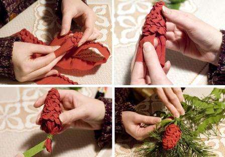 Kun olet tehnyt tämän koko nauhalla, aloita kiertämällä sitä muodostaen kolauksen. Muista, että kohouman tulee olla kapea ylhäältä ja leveä alhaalta. Sido alaosa kierteellä niin, että se ei hajoa.