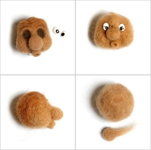 Käytä slickeria sekoittamaan vaaleampi villa. Pallohuovutus tulevaa päätä varten (käytä paksua neulaa huovuttamiseen). Tee silmiin pieniä syvennyksiä tuloksena olevan pallon pinnalle.