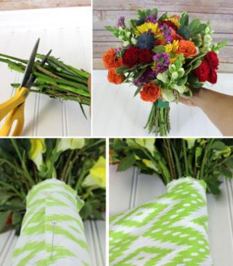 أضف الأوراق الخضراء في دائرة. قطع الطول الزائد للساق بسكين.