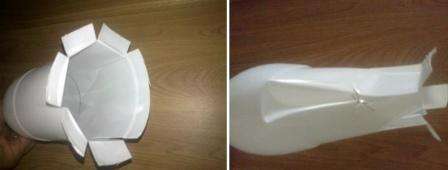 Στο μπουκάλι, το οποίο λειτουργεί ως κορμός, πρέπει να κάνετε περικοπές. Στη συνέχεια πιέστε λίγο το μπουκάλι προς τα μέσα ώστε να μπορέσετε να διαμορφώσετε το σώμα του περιστεριού. Θα είναι βολικό να στερεώσετε την ουρά ενός περιστεριού στα σημεία με εγκοπή.