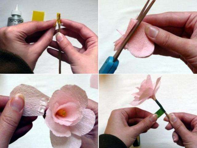 Et stykke papir vikles rundt om stilken. Derefter limes resten af ​​kronbladene fast på det