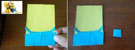 Enhver, der respekterer sig selv, har lommer på bukserne. Lad os også lave dem til vores baby. Skær en lille firkant ud af blåfarvet papir, dette bliver fremtidens lomme. Sæt den på dine bukser. Eventuelt kan du lave to små lommer og placere dem på begge sider af bukserne.