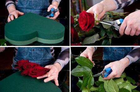 Køb roser fra butikken, da de holder deres form længere end haveblomster. Skær stilken, så der er ca. 3 cm tilbage af pistillerne. Stængellængden afhænger også af oasens tykkelse. Hvis du laver et lille arrangement, kan du efterlade ca. 2 cm af stammen. Snittet skal være skråt, da roserne i dette tilfælde absorberer fugt bedre.