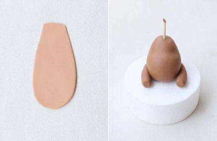 Nu skal du reparere de enkelte dele. Først skal du fastgøre underbenene til din abes torso. Du skal indsætte en tændstik i overkroppen. For at fremhæve maven skal du rulle den lette plasticine ud og give den kroppens form.