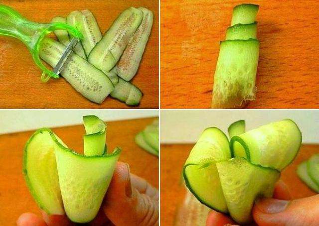 يجب تقطيع الخيار إلى شرائح رفيعة. بعد ذلك ، قم بلف شريحة واحدة في الأنبوب