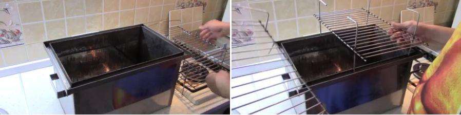 Teemme langasta omilla käsillämme ruudukon, jolle asetamme savustetut tuotteet.