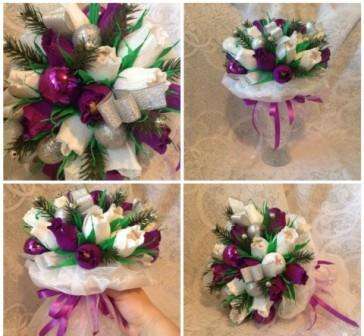 fialové a biele tulipány je možné vyrobiť z cukríkov vlastnými rukami a potom ich usporiadať do kytice