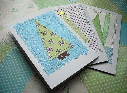 Ευχετήριες κάρτες Πρωτοχρονιάς, διακοσμημένες με βελονιά ραπτομηχανής