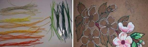 Για να φτιάξετε μια ζωγραφιά, θα χρειαστεί να προετοιμάσετε χαρτοπετσέτες διαφορετικών χρωμάτων. Ως βάση για την εικόνα, θα χρειαστείτε ινοσανίδες. Πάρτε λίγο όμορφο σχέδιο και κόψτε το κατά μήκος του περιγράμματος. Στην περίπτωσή μας, τα λουλούδια επιλέχθηκαν ως μοτίβο.