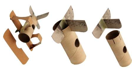 Αφού τα μέρη μεταφερθούν στο χαρτόνι, αρχίστε να τα κόβετε. Κάντε μια τρύπα στο κεντρικό τμήμα του ρολού - το πιλοτήριο. Στη συνέχεια κολλήστε την ουρά με ταινία. Μπορείτε να το διορθώσετε χάρη σε ειδικές περικοπές στο τέλος του ρολού.