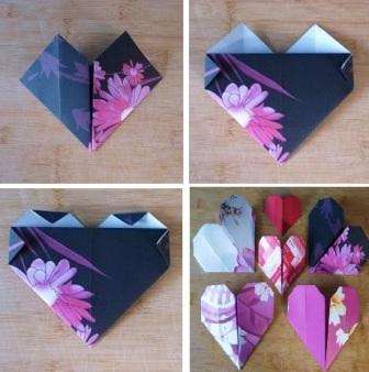 Start derefter med at bøje sidedelene til midterlinjen, du har allerede en hjerteform, men med skarpe hjørner. Du skal folde hjørnerne i siderne og toppen.