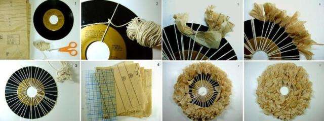 Vence, ktoré sú tiež vyrobené z diskov, vyzerajú skvele. Berieme CD, nite, papier (farebný), nožnice a lepidlo