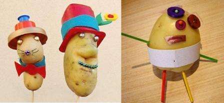 Valmiit perunat on kiinnitettävä puiseen vartaaseen ja koristettava. Käytä jogurttipurkkeja hatun tekemiseen ja käytä nastaa tai ompelunappeja silmukkaan. Hauska askartelu onnistuu, jos käytät nappeja ja tikkuja.