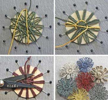 يمكن أن تكون هذه نباتات الهندباء الرائعة ، والزهور النجمة ، والأقحوان. تصنع الزهور من الخيوط وفقًا لمبدأ إنشاء شدات الورد. يتم استخدام تقنية isothreading و nitrographics لإنشاء صور كاملة من الخيوط.