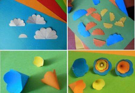 Først skal du lave emner til blomster, der vil dekorere kortet. For at gøre dette skal du skære et rektangel ud af papiret og folde det på midten. Du burde få en firkant. På en sådan blank tegning tre blomsterblade, men skær dem ikke hele vejen. Klip ud, og du skal have en blomst som på billedet. Lav tre af disse blomsteremner i forskellige størrelser.