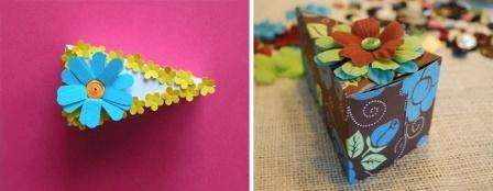 Papirkage. Hvis du ikke ved, hvordan man bager kager, så prøv at lave et stykke papirkage. Midt i en sådan original æske kan du lægge din mors foretrukne slik.