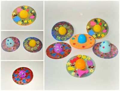 En flyvende tallerken fra en cd og halvdele af et stort æg fra en Kinder -overraskelse ser original ud.