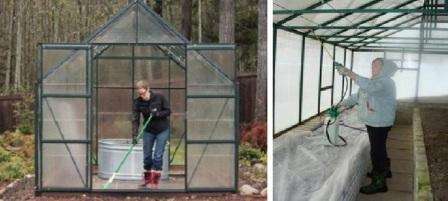 يحتاج كل من قاعدة الدفيئة - الإطار ، والبولي كربونات نفسها إلى معالجة. من أجل عدم إتلاف طلاء البولي كربونات ، وفي نفس الوقت نجعله شفافًا مرة أخرى ، نقوم بغسله بالماء والصابون أو أي شيء آخر ، فقط لا يعتمد على مواد كاشطة. ثم يشطف بالماء النظيف.