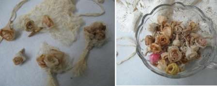 Tällaisten tee -ruusujen kimput näyttävät alkuperäisiltä. Tätä varten voit ottaa palan pitsiä, laittaa ruusuja siihen ja sitoa sen nauhalla. Tällaisten ruusujen käyttö on kätevää valokuvakehysten tai pienoislahjojen koristeluun.