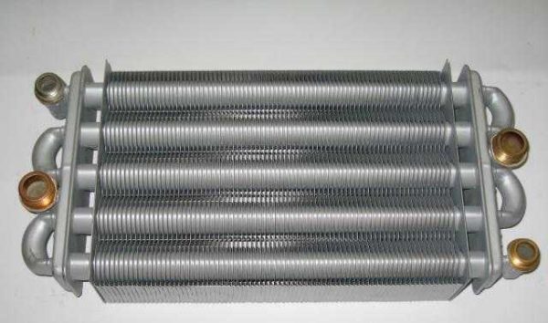 Sådan ser den primære varmeveksler ud i gas-væghængte kedler.