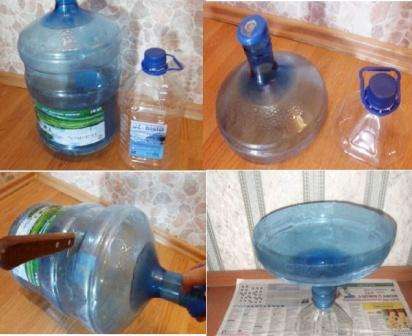 Tässä mestarikurssissa pullosta ja baklakista valmistettiin alkuperäinen maljakko. Valmiin maljan muoto ja koko riippuvat pullojen koosta. Sinun on leikattava kaula pois kahdesta pullosta, ei vain kaula, vaan myös osa pullosta.