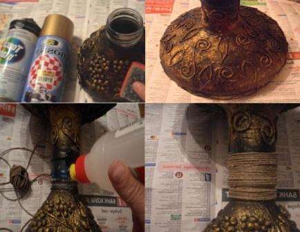 Kun palat ovat kuivia, ruiskumaalaa ne. Voit ottaa mustan tai ruskean pohjan ja sävyttää kultaa tai hopeaa päälle. Yhdistä maljakon aihiot kaulalla toisiinsa.