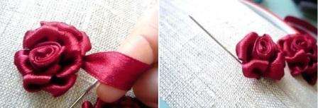 Derefter kan du vedhæfte knoppen til stoffet og brodere volumetriske kronblade fra det.