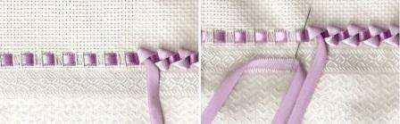 Ideel, hvis der er specielle huller i dugen eller håndklædet, hvorigennem du kan tape tapen. Du kan også lave dem selv, hvis du tegner to parallelle linjer i en bredde fra hinanden, så båndet sidder fint. Derefter foretages nedskæringer i samme afstand.