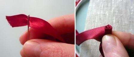 Sæt tapen først i nålen, og begynd derefter forsigtigt at sno den til en rulle. Sy rosenknoppen gradvist for at undgå at den falder fra hinanden.