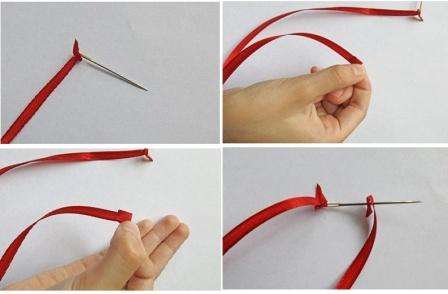 لعمل عقدة ، تحتاج إلى إدخال نهاية الإبرة في نهاية الشريط وسحب الأخير عبر عين الإبرة.