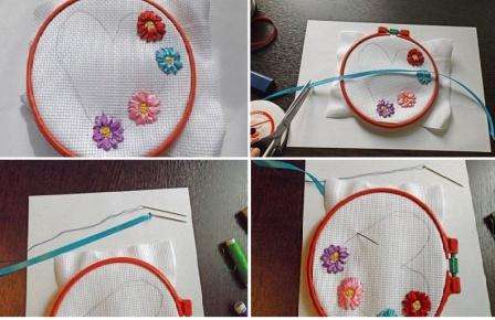 لتطريز وردة بشرائط ، قم بربط الشريط المقابل في الإبرة ، وقم أيضًا بإعداد إبرة وخيط لمطابقة الشريط.