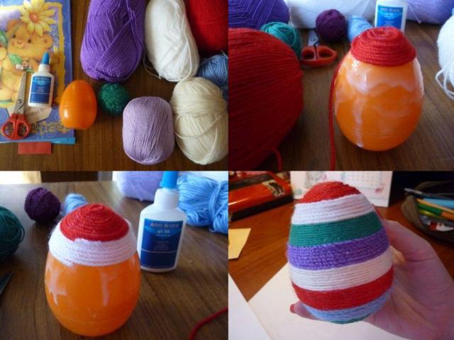 Otamme langan mitä tahansa väriä. Pidä kärjestä sormellasi ja kelaa lanka. Koko munasta ei tarvitse tehdä samaa väriä.